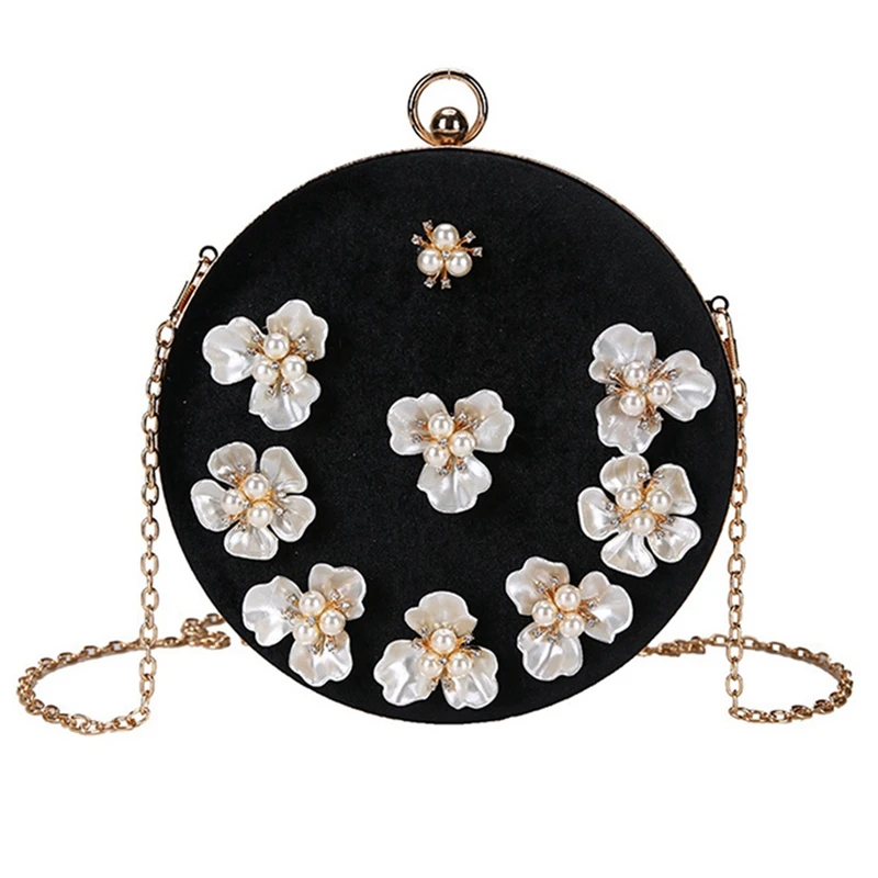 

Gold Velvet Chain Bag Fashion Stitching Pearl Flower Single Shoulder Slung Small Round Bag