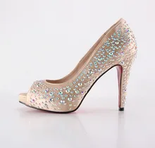 Handmade Almond beige high heel with rhinestones dress shoes small big size open toe bridal neutral barn theme wedding heels