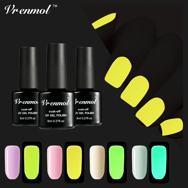 Vrenmol 1pcs Gel Polish Glow In Dark UV Nail Gel Varnish Fluorescent Luminous Colorful Long