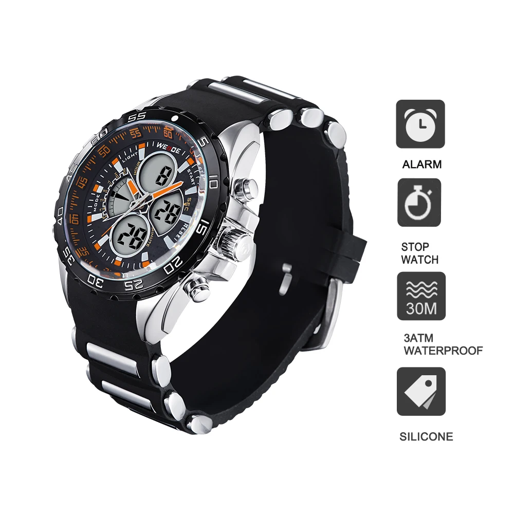 WEIDE  casual genuine Original Brand Men's Sport  Watches Analog Digital Dual Movement  Waterproof Silicone Strap Gift For Men