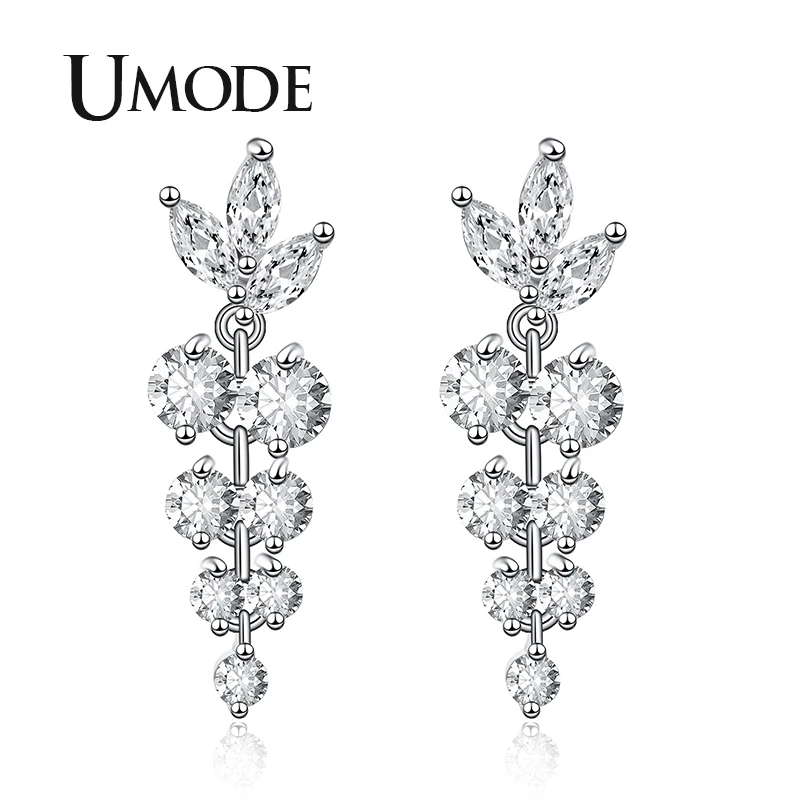

UMODE 2019 New Clear Round Zircon Geometric Flower Drop Earrings for Women White Gold CZ Crystal Jewelry Long Drop Gifts AUE0489