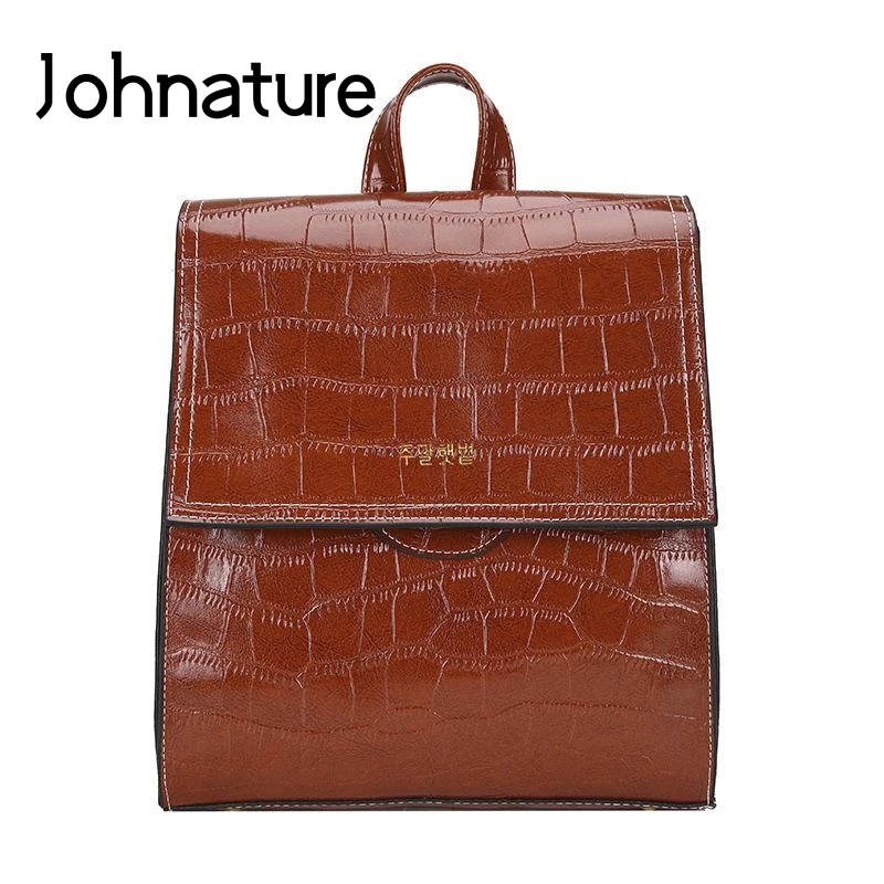 

Johnature 2019 New Hard Handle Casual Arcuate Shoulder Strap Cover Softback Solid Bag Pleated Hasp Women Backpack
