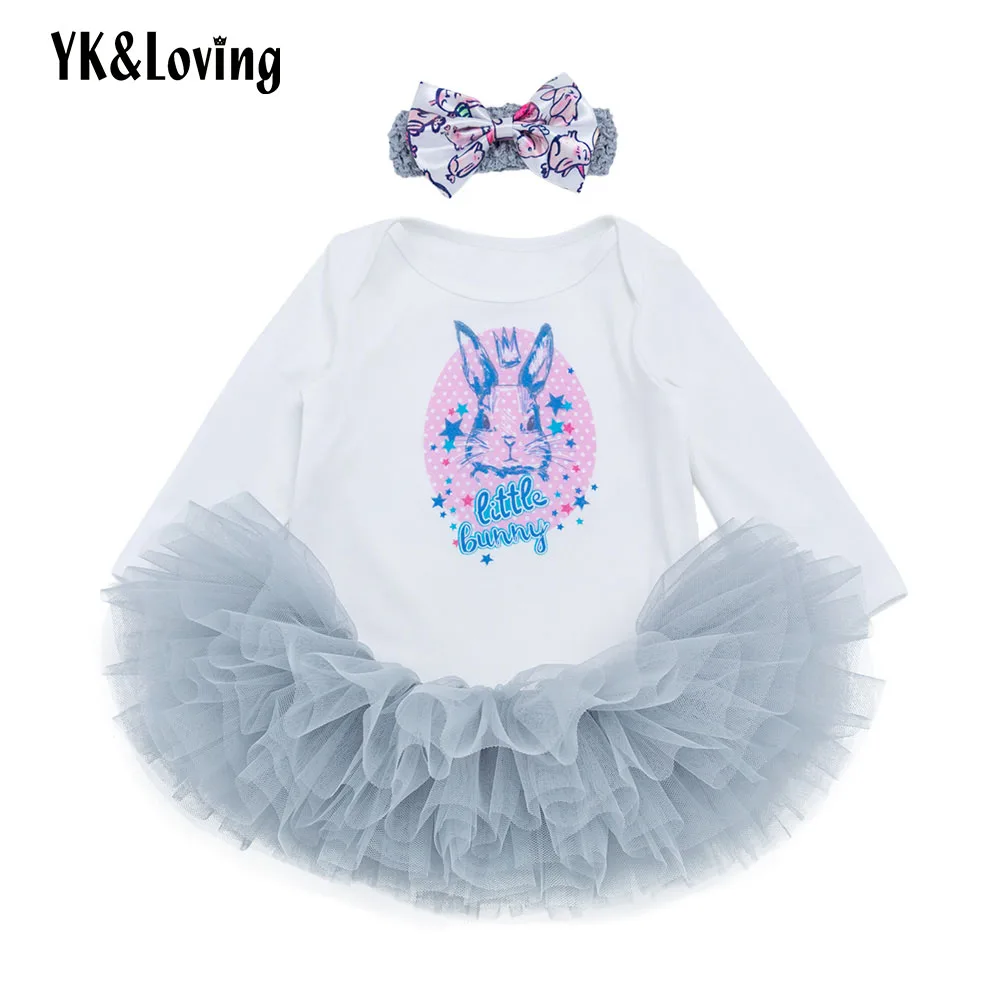 

YK&Loving Easter Day Girl Skirts With Bowknot Cartoon Rabbit Printed Cotton Warm Long Sleeve Gray Tutu Skirt Baby Clothing Sets