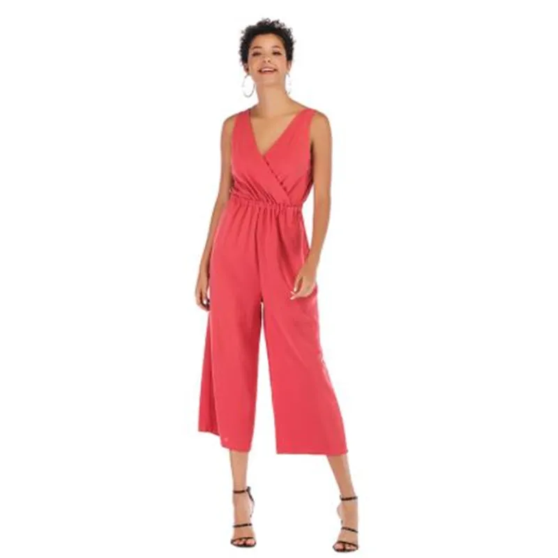 

YYFS Women Summer Jumpsuits V Neck Sleeveless Solid Color Female Clothing Sexy Style Casual Apparel