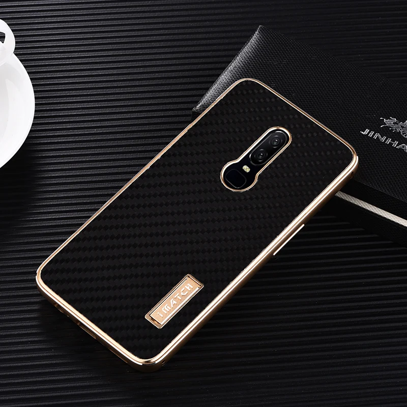 iMatch Luxury Aluminum Metal Bumper Carbon Fiber Back Cover Case for OnePlus 6