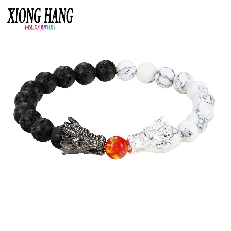 XiongHang, Модный черный браслет из белого бисера, натуральный камень, черная лава, бусина, два дракона, играть в один шар, мужские и женские ювелирные изделия