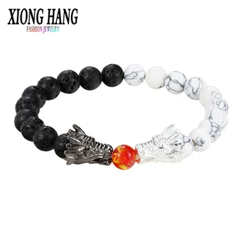 XiongHang Fashion Black And White Beads Bracelet Natural Stone Black lava Bead Two Dragon Play One Ball Male Female Jewellery