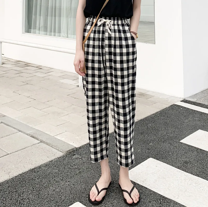 

Women Autumn Casual Clothes Black White Plaid Female Harem Pants Loose