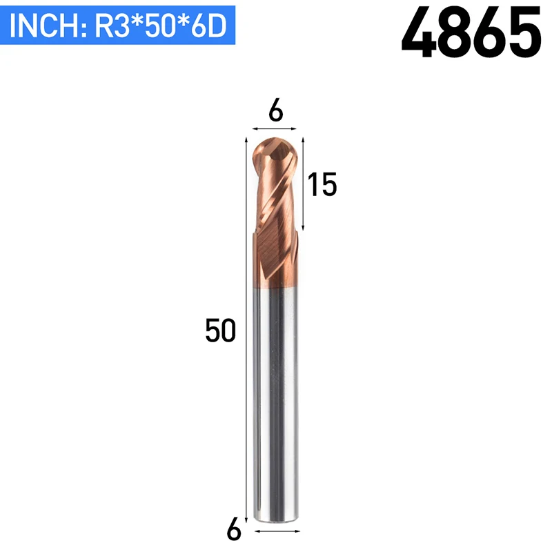 HUHAO 1pc HRC50 Tapered Ball Nose End Mill Tungsten Coated Ball Head Cutter Tungsten Steel R0.5-R6mm CNC Engraving Bit - Длина режущей кромки: 4865