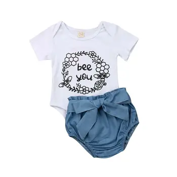 

Summer Newborn Baby Girl Short Sleeve Floral Bodysuit Tops Denim Bloomers Shorts 2PCS Outfits Baby Clothing Set