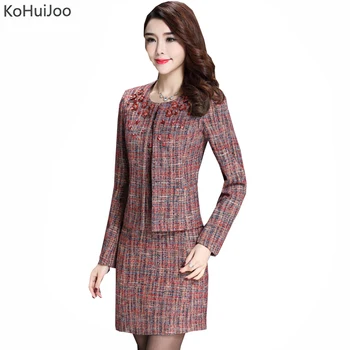 

KoHuiJoo Autumn Winter Women Dress Suit Mother Beaded Two Pieces Clothing Sets Wool Tweed Blazer and Dress Set Plus Size 4XL