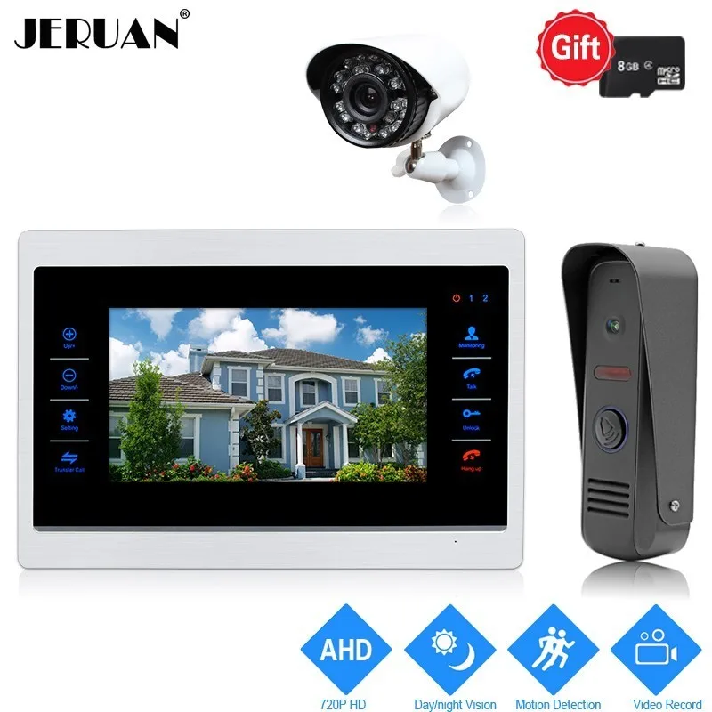 

JERUAN 720P AHD Motion Detection 10 inch Video Door Phone Intercom System Record Monitor +1.0MP HD IR Mini Camera +CCTV Camera
