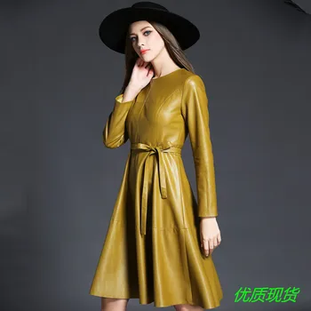 

spring of new women Europe US european fashion long-sleeved round collar PU sexy party vestidos black yellow solid design S-3XL