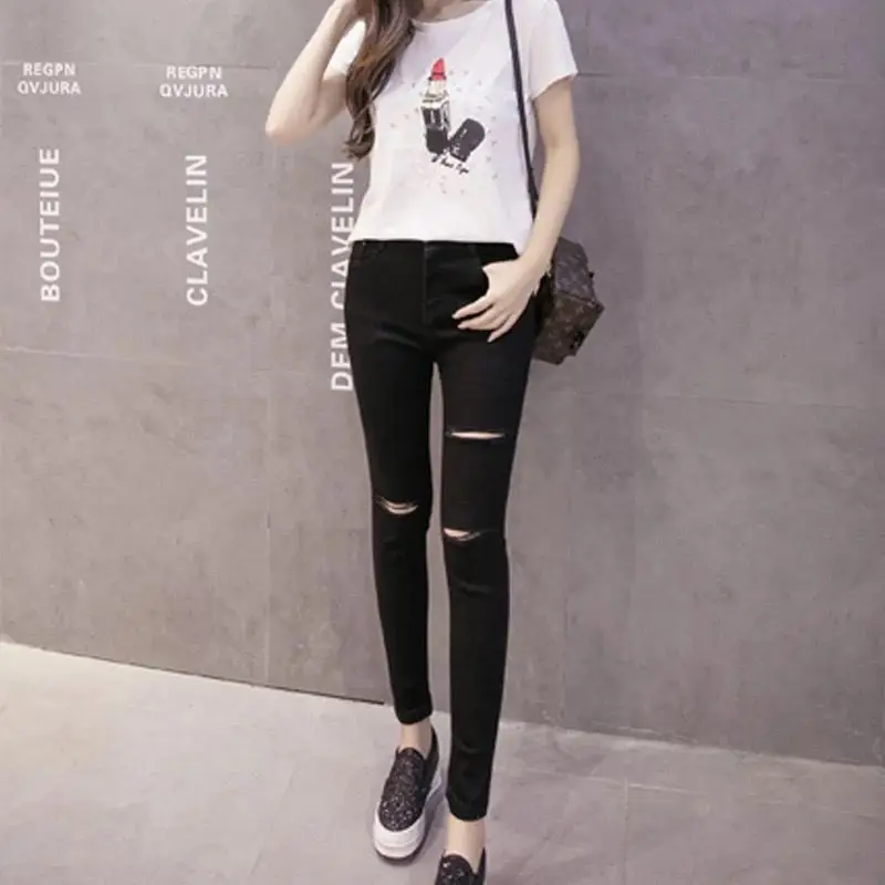 

New Women Boyfriend Hole Ripped Slim Pencil Jeans Women Pants Denim Vintage Straight Jeans For Girl High Waist