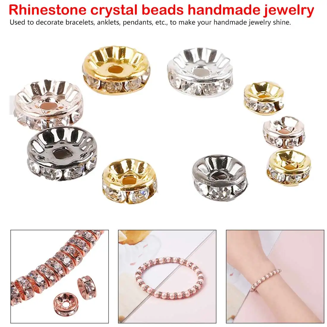 

50pcs/lot 4 6 8 10mm Rose Gold Silver Color Rhinestone Bead Handmade Jewelry Findings Loose Spacer