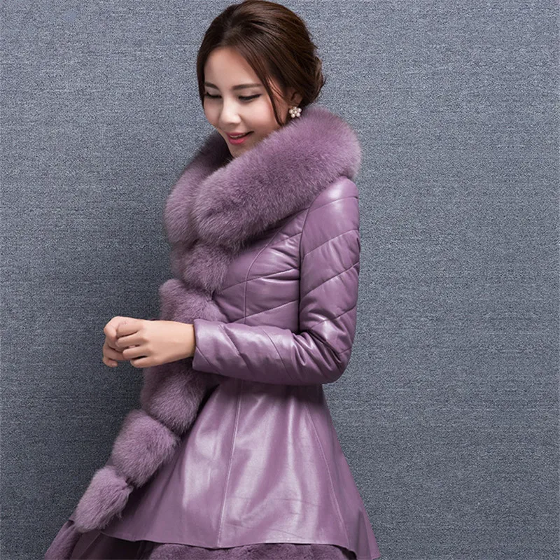 AYUNSUE/ осенне-зимняя кожаная куртка для женщин, толстый пуховик, кожаные куртки, длинный воротник из искусственного лисьего меха, Jaqueta Couro, плюс размер LX82