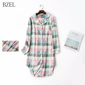

BZEL Women Nightgowns Cotton Sleepwear Casual Night Dresses Plus Size Long Sleeve Plaid Loose Nightdress Home Clothes Pijamas