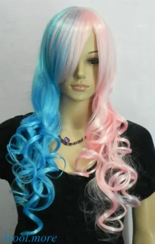 

shun New Unique Pink + Aqua blue Mix Long Wavy Cosplay women Wig USPS FastShipping to USA j0422