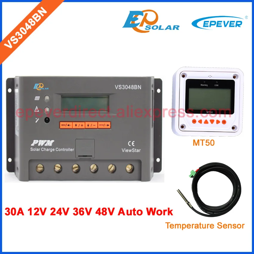 

Solar 48v power bank charger PWM controller VS3048BN 30A 30amp with white MT50 meter and temperature sensor