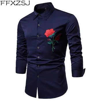 

FFXZSJ Brand Autumn new men's shirts rose embroidery lapel large size casual repair long-sleeved shirt camisa masculina