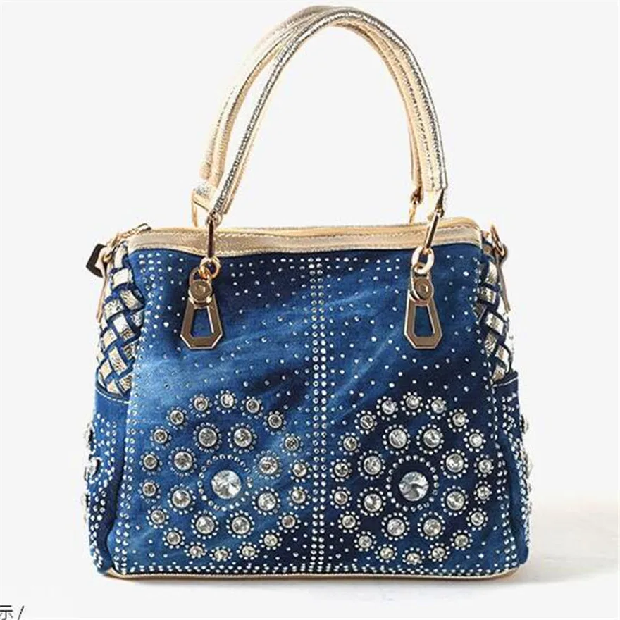 

Women Handbag Denim Jean Top Handle Diamonds And Beans Baguette Bag Over The Shoulder Luxury Vintage Retro Rock Style Bag