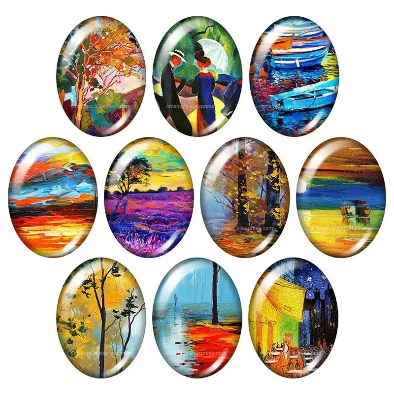

TB0214 oil paintings scenery Trees lake 13x18mm/18x25mm/30x40mm mixed Oval photo glass cabochon demo flat back Jewelry findings