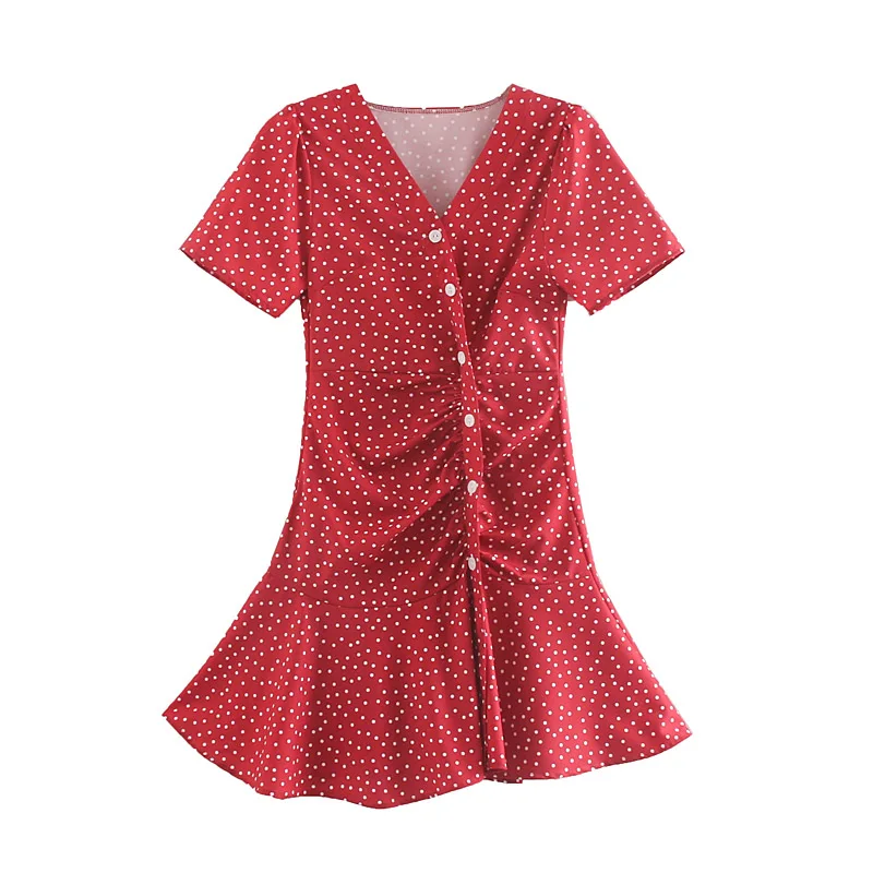 

Women Vintage Cross V Neck Short Sleeve Red Dot Print Button Up ladies Pleated party dress Summer Short Dress