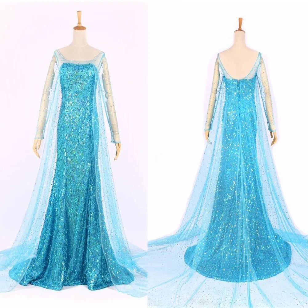 

Elsa Queen Princess Adult Women Cocktail Party Dress Costume Elsa Dresses Blue Bling Snow Cosplay Dress