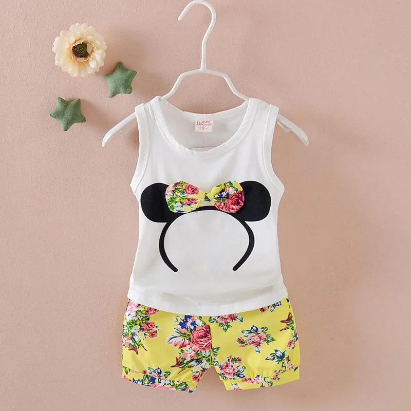 

Mickey&Minnie Printed Pattern Kids Clothes Child Clothes Girl Set Summer Tops T Shirts + Tiny Cottons Shorts For Girls Outfits