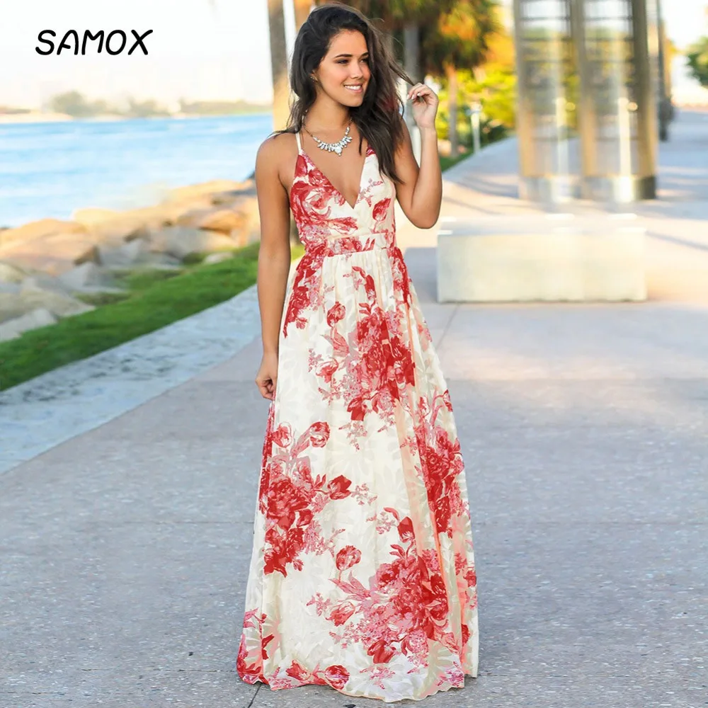 

JSMY 2019 New Summer Fashion Women Sling V-neck Printing Chiffon Backless Beach Dress Party Dress