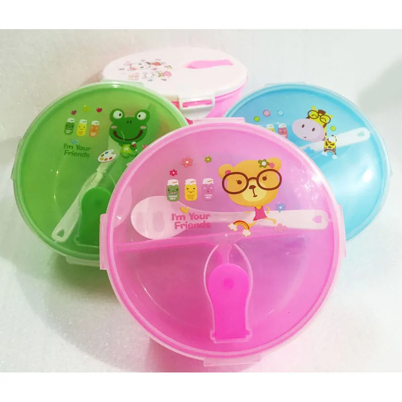 

1 Set 3 in 1 Cute Baby Bowl Lunch Cox Single Layer with Spoon Student Lunch Boxes Cartoon Plastic Bowl Bento Lunch Box Pink