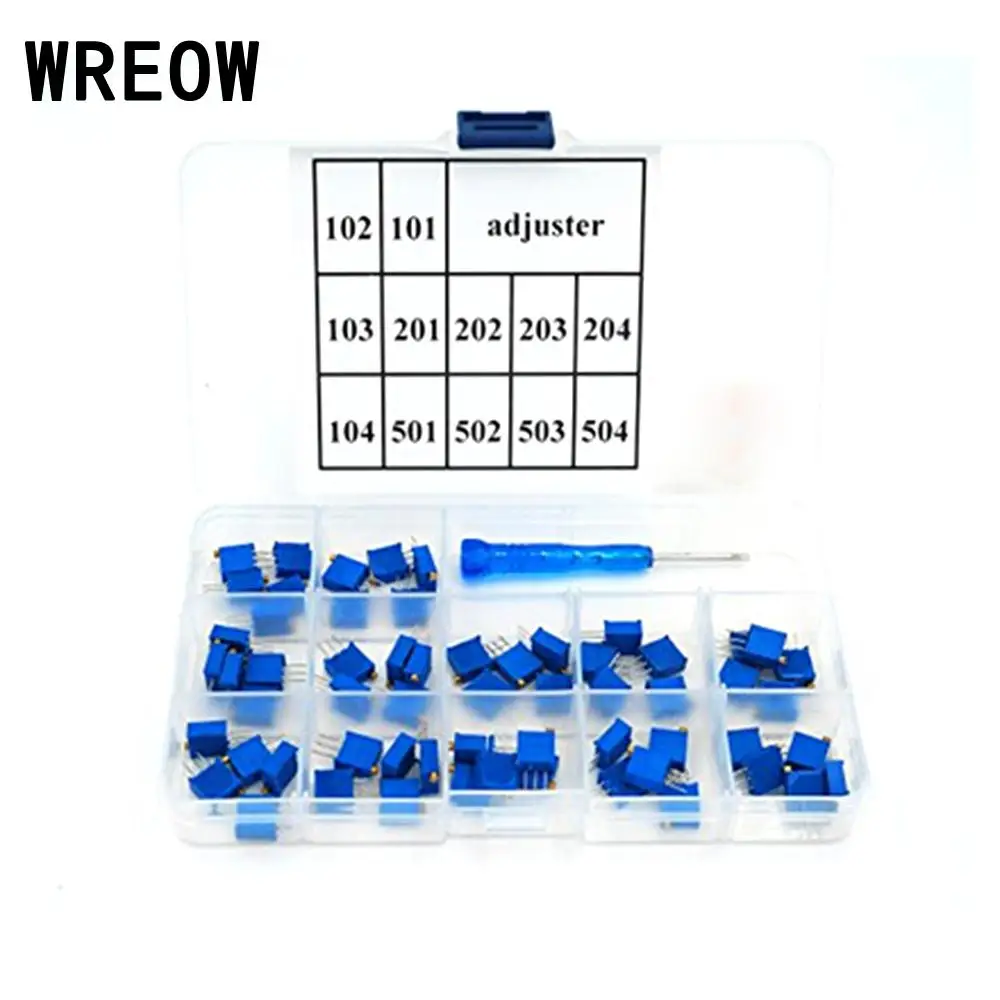 

60PCS/set 3296W Adjustable Horizontal Trimpot trim pot resistor Potentiometer Assortment Kit 15 Values Variable Resistor
