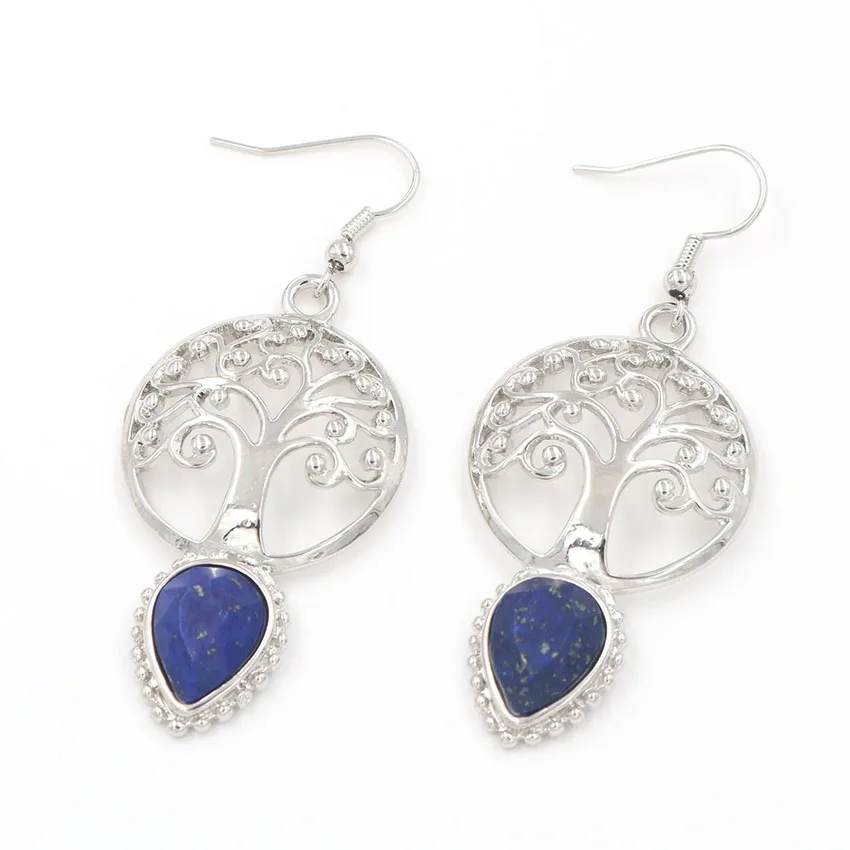 

YJXP Silver Plated Classic Style Water Drop Lapis Lazuli Earrings Tree of Life Jewelry