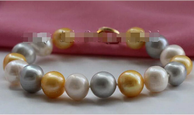 

8" Genuine Natural 12mm White Golden Gray Mixed Round Pearl Bracelet 14KGP #f2317!@^Noble style Natural Fine jewe SHIPPING 5.25