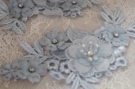 

2 pc Lace applique, bead lace applique with 3D flowers, handmade headpiece lace appliques