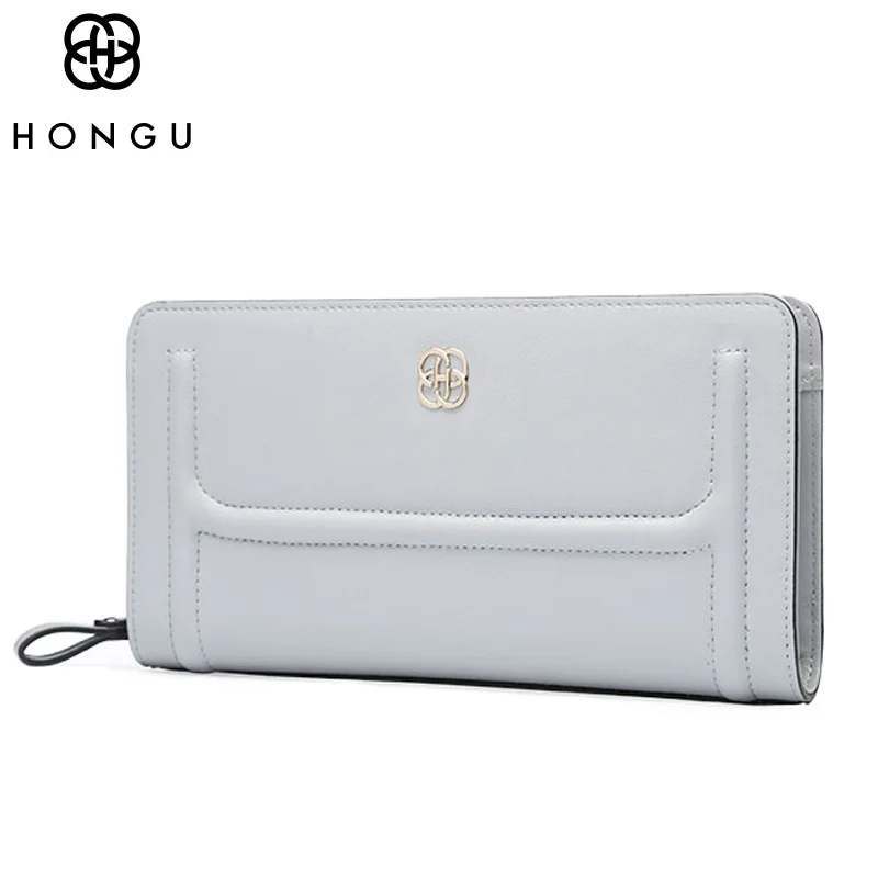 

HONGU Fashion Real Natural Cow Leather Bag Women's Handbags Long Wallets Coin Purse Clip Pocket High Quality Female Clutch Bags