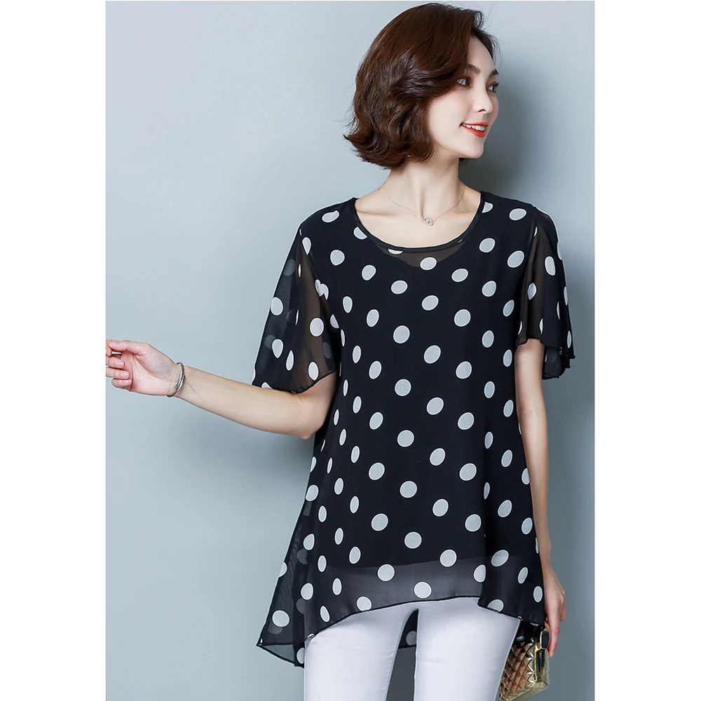 Spring and summer new style Women's large size XL-5XL short sleeve blouses Temperament wave chiffon shirt