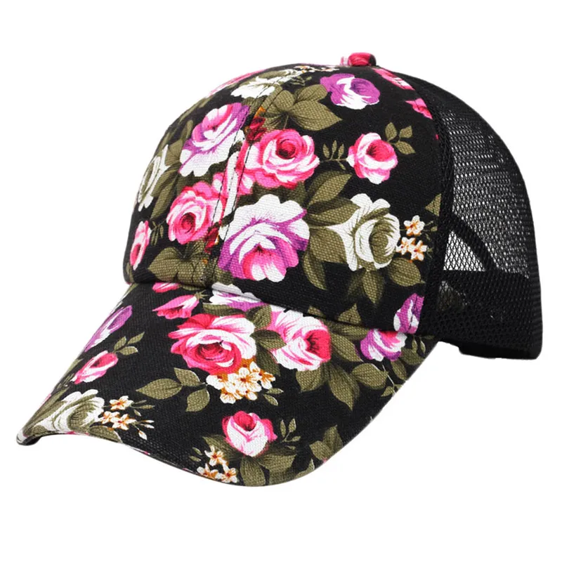 Спортивные регулируемые Для женщин Chic милые цветочные сетчатая шапка Бейсбол Кепки Snapback - Цвет: Черный