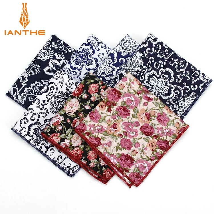 

Vintage New Men's Fashion Cotton Flower Print Pocket Squares For Men Handkerchief Wedding Classic Hanky Suits Pocket Hankies