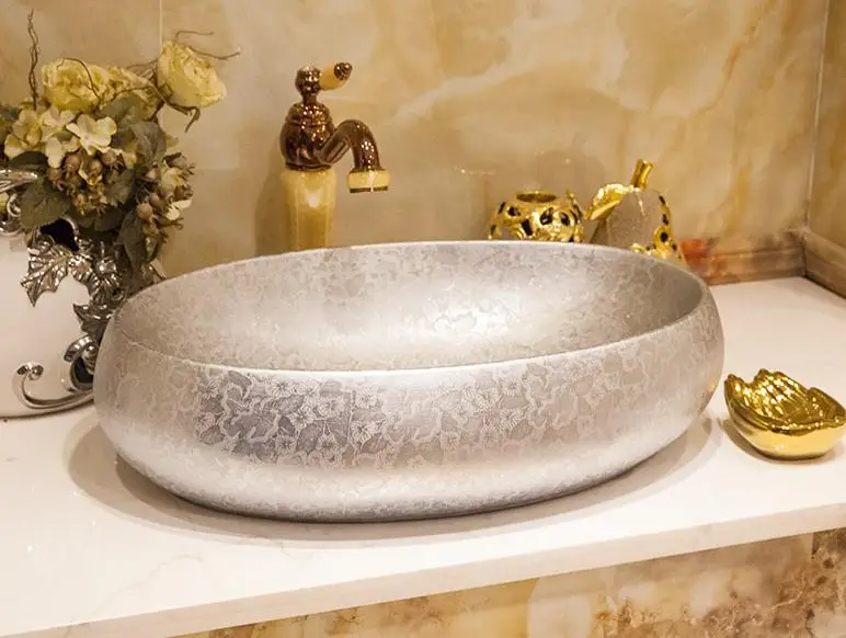 Золотое/серебряное овальное керамическое блюдо с рисунком арт Lavabo Ванная комната сосуд раковины Овальный секундомер Топ умывальник - Цвет: Only Sink