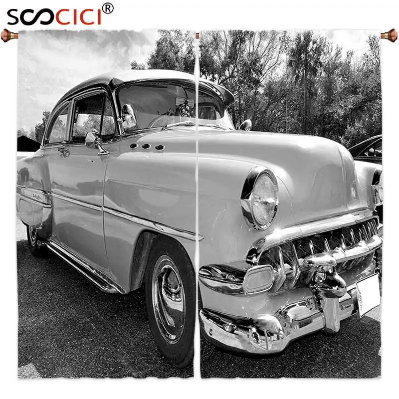 

Window Curtains Treatments 2 Panels,Vintage 50s 60s Retro Classic Pin Up Style Cars in Hollywood Movies Image Artwork Black
