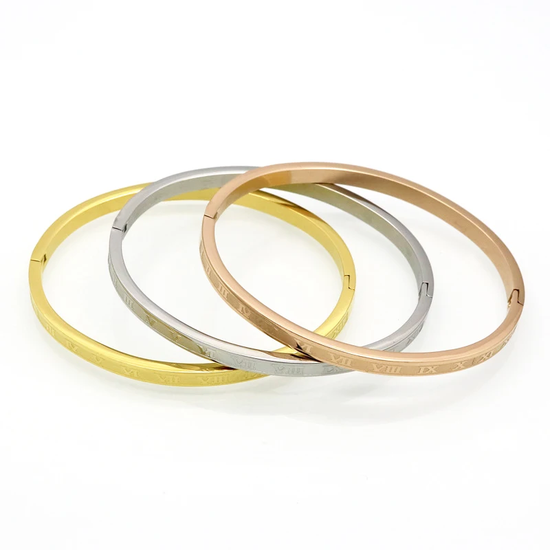 Bangle Bracelet 4mm Wide Stainless Steel Carving Roman Numerals Woman For Gifts