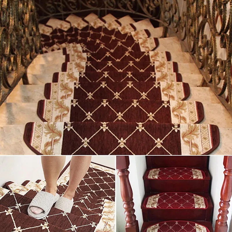 Upscale European style Stair Carpet Sets Slip Resistance Stair Tread Mats Step Rug Brown Red living room mats