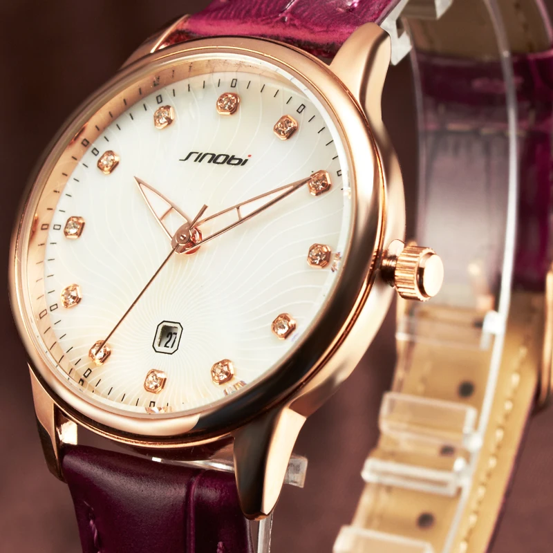 

SINOBI Luxury brand Women Watches 2017 Fashion Dress Elegant Leather Rose Quartz Wrist Watch Female Waterproof Relogio Feminino
