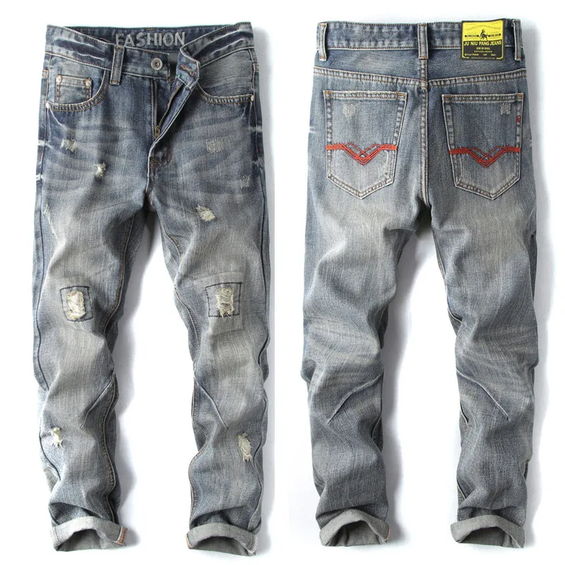 

Fashion Ripped Jeans For Men Retro Distressed Patchwork Bootcut Mens Jeans Casual Small Feet Denim Jeans Mj017
