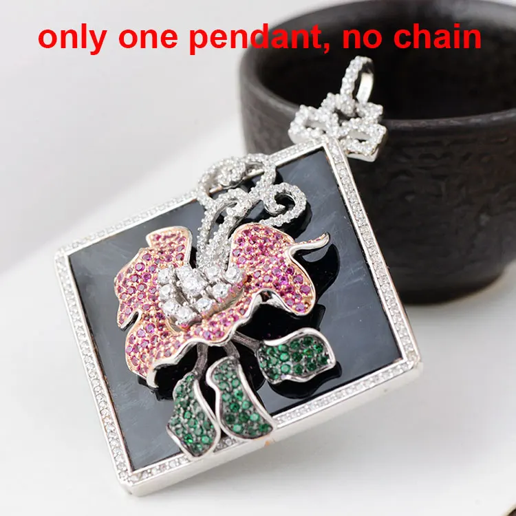 only one pendant FNJ 925 Серебряный кулон цветок черный камень висят красочные кристалл S925 тайские серебряные подвески Для мужчин Для женщин для изготовления ювелирных изделий - Окраска металла: only one pendant
