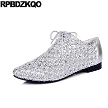 Серебряные сандалии женская обувь с полым каблуком дизайнерская женская обувь роскошные круглый носок на шнуровке Туфли без каблуков тканые Последняя мода Прямая