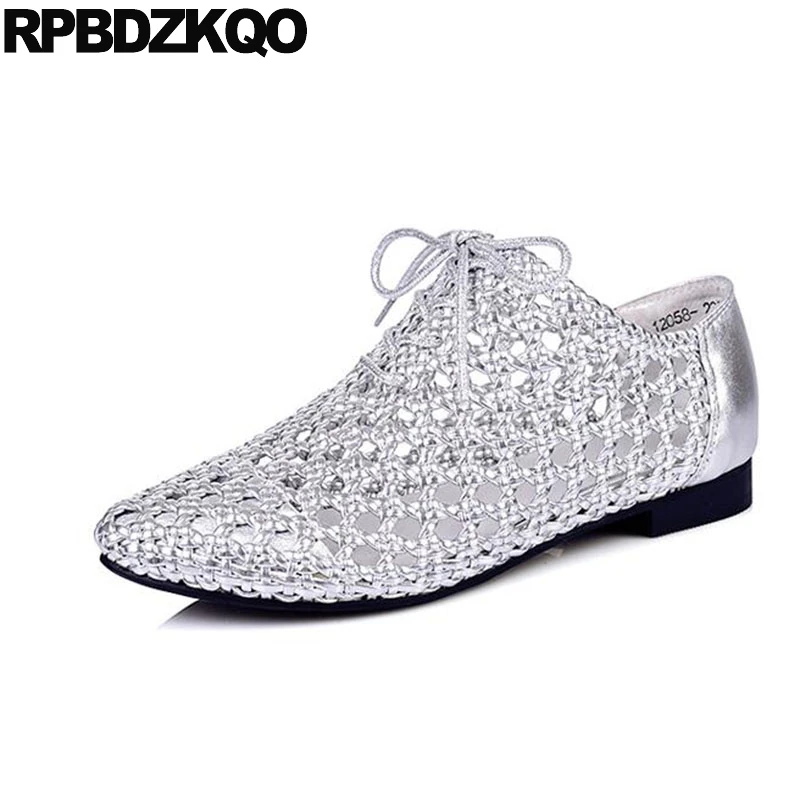 

Silver Sandals Ladies Hollow Out Designer Shoes Women Luxury 2017 Round Toe Lace Up Flats Woven Latest Fashion Drop Shipping
