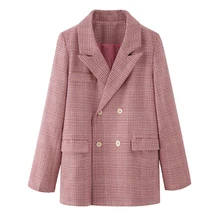 Возможно у розовый серый клетчатый отложной воротник с длинным рукавом двубортный Карманный Свободный Костюм приталенный Повседневный Роскошный Блейзер C0147