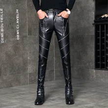 Рок шоу одежда для мужчин Slim Fit повседневные кожаные брюки, мужские Модные панк брюки из искусственной кожи мотоциклетные брюки